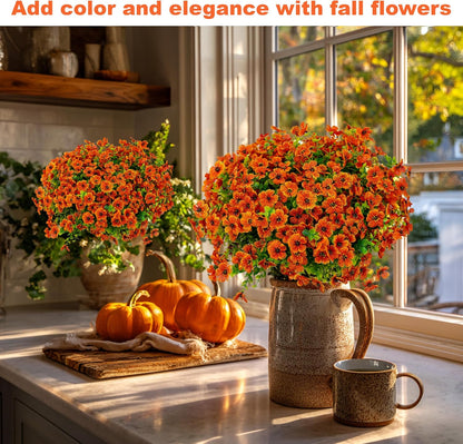 Artificial Fall Flowers – 16 Bundles Red Orange Mums